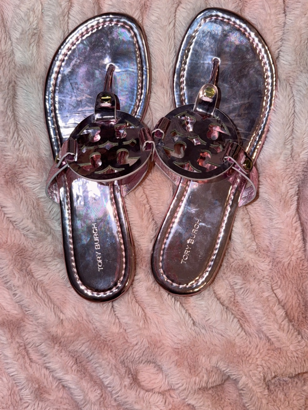 Tory Burch Metallic Rose Gold Miller Logo Thong Sandals